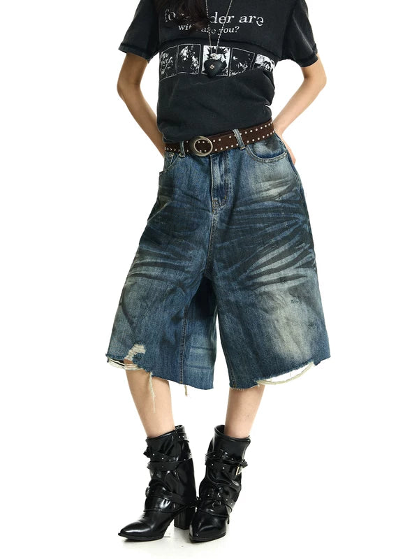 Distressed Wide-Leg Denim Capri Pants 4