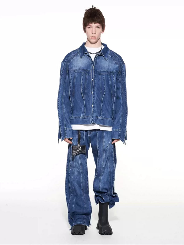 3D Cut Patchwork Wide Leg Jeans Pants 2