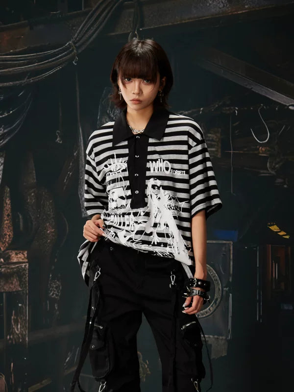 Striped Y2K Graphic Polo T-Shirt 1