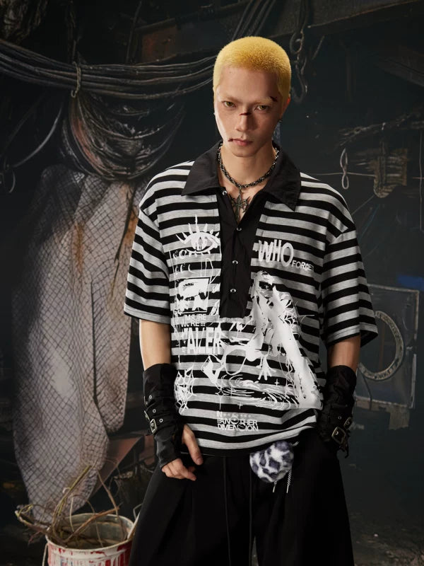Striped Y2K Graphic Polo T-Shirt 2