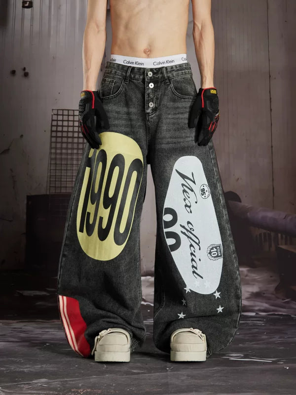 Loose-Fit Wide-Leg Graphic Print Jeans 1