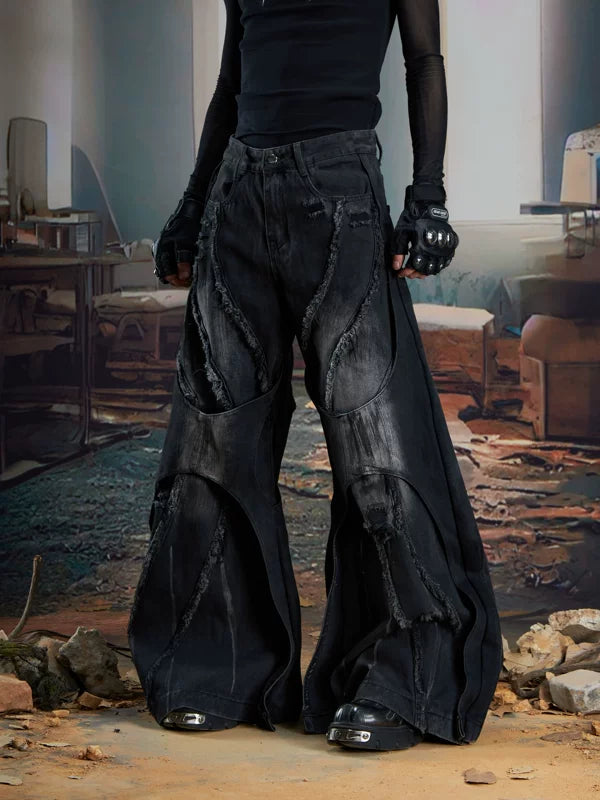 Distressed Patchwork Wide-Leg Denim Pants 3