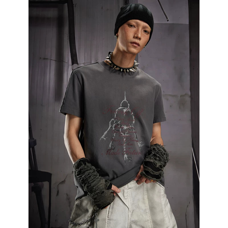 6274334830105,6274334830107,6274334830109, Distressed Graphic Print Short-Sleeve T-Shirt