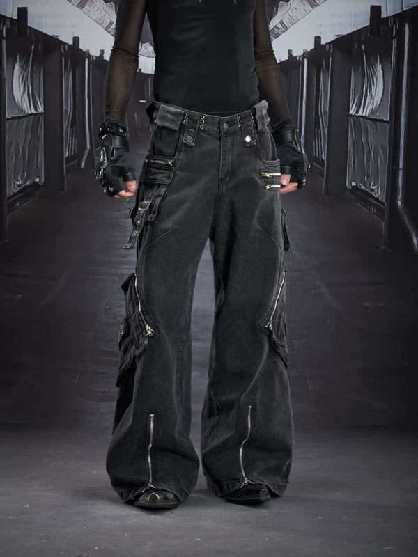 Distressed Multi-Pocket Wide Leg Cargo Pants 1