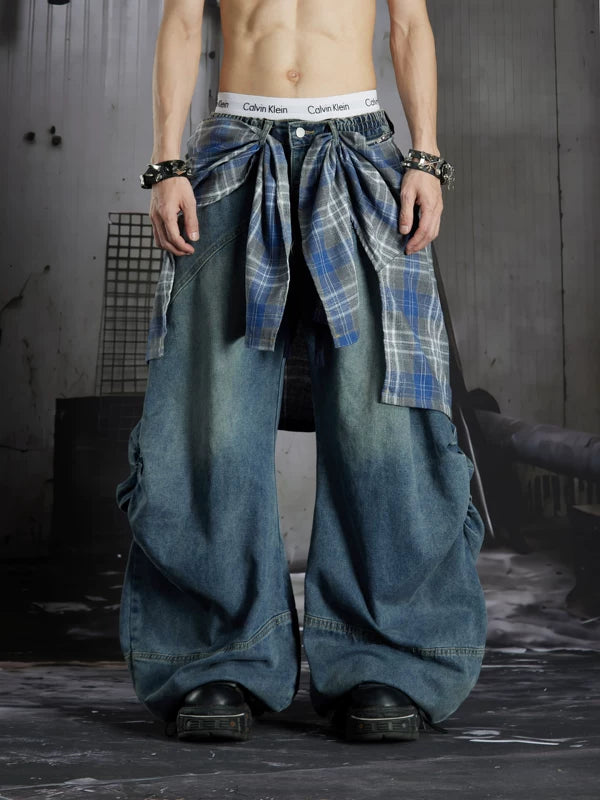 Detachable Plaid Patchwork Wide-Leg Jeans 1
