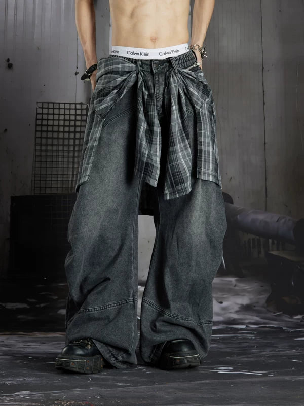 Detachable Plaid Patchwork Wide-Leg Jeans 2