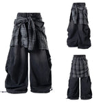 6095640337884,6095640337885,6095640337886,6095640337887, Detachable Plaid Patchwork Wide-Leg Jeans