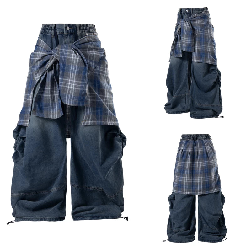 6095640337888,6095640337889,6095640337890,6095640337891, Detachable Plaid Patchwork Wide-Leg Jeans