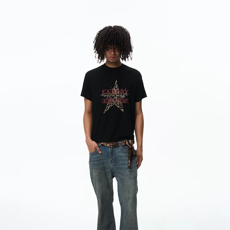 6088985224576,6088985224578,6088985224580,6088985224582, Leopard Star Graphic Short Sleeve T-Shirt