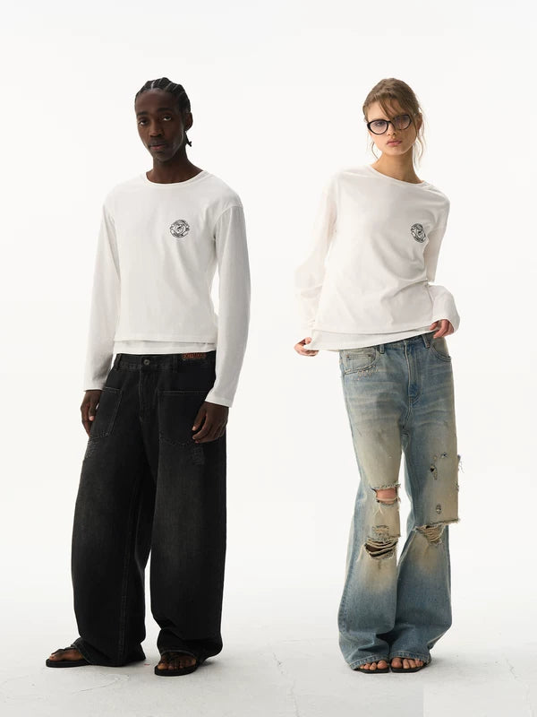 Embroidered Double Layer Long-Sleeve T-Shirt 1