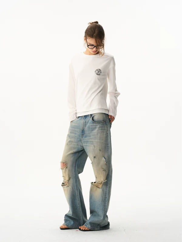 Embroidered Double Layer Long-Sleeve T-Shirt 2