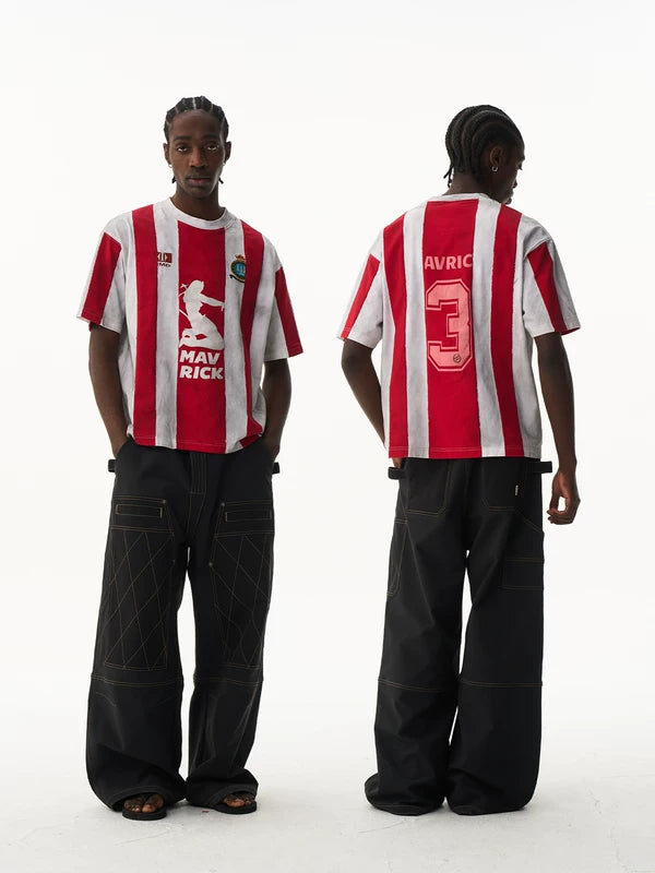 Striped Distressed Loose Sports Jersey T-Shirt 1