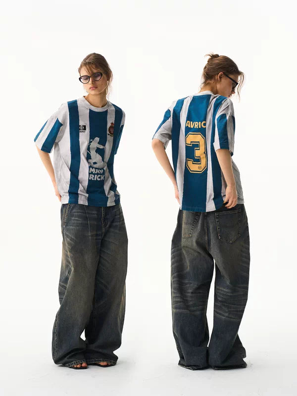 Striped Distressed Loose Sports Jersey T-Shirt 2