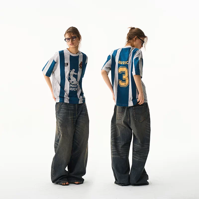 6198137395793,6198137395794,6198137395795,6198137395796, Striped Distressed Loose Sports Jersey T-Shirt