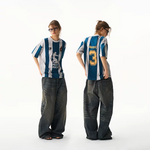 6214471730379,6214471730381,6214471730383,6214471730385, Striped Distressed Loose Sports Jersey T-Shirt
