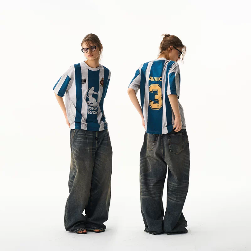 6214471730379,6214471730381,6214471730383,6214471730385, Striped Distressed Loose Sports Jersey T-Shirt