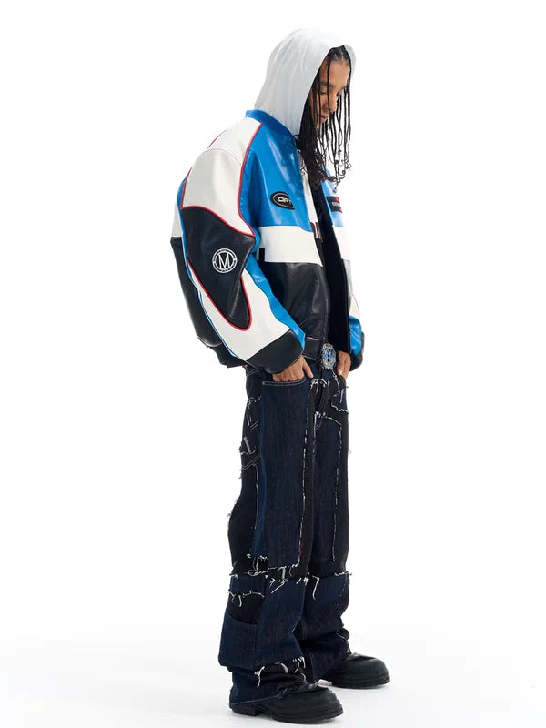 Colorblock Embroidered Oversized Leather Jacket 2