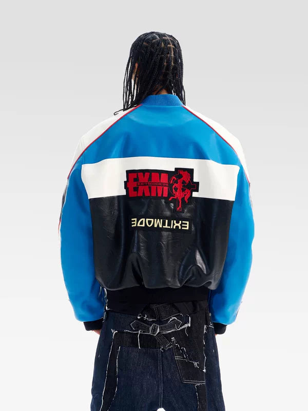 Colorblock Embroidered Oversized Leather Jacket 3