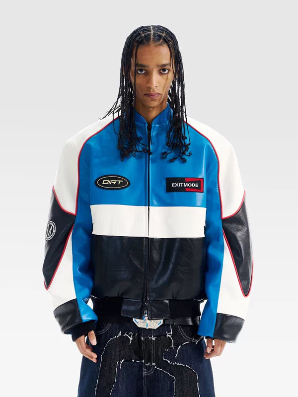 Colorblock Embroidered Oversized Leather Jacket 4