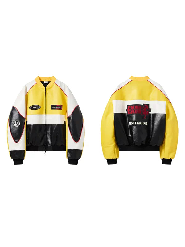 Colorblock Embroidered Oversized Leather Jacket 5