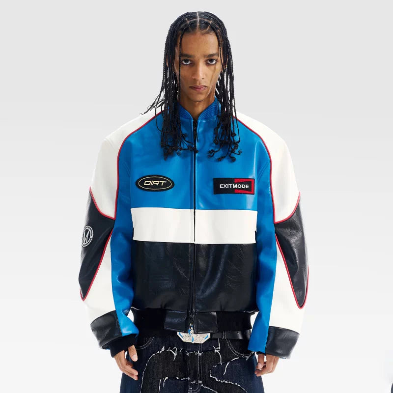 6098484011952,6098484011953,6098484011954,6098484011955, Colorblock Embroidered Oversized Leather Jacket