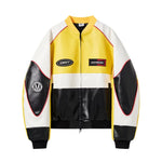6102856998328,6102856998329,6102856998330,6102856998331, Colorblock Embroidered Oversized Leather Jacket