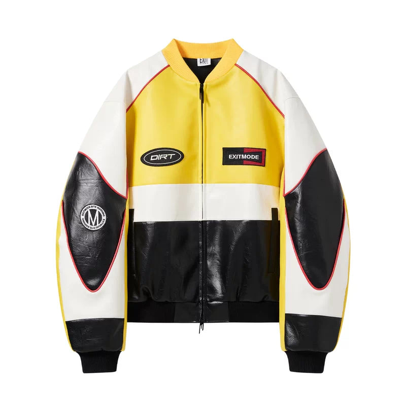 6102856998328,6102856998329,6102856998330,6102856998331, Colorblock Embroidered Oversized Leather Jacket