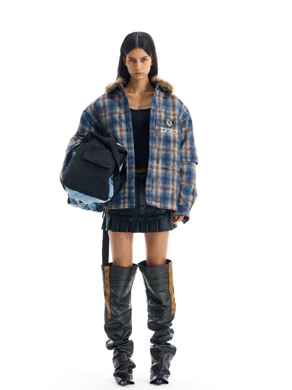 Faux Fur Collar Plaid Padded Jacket 1