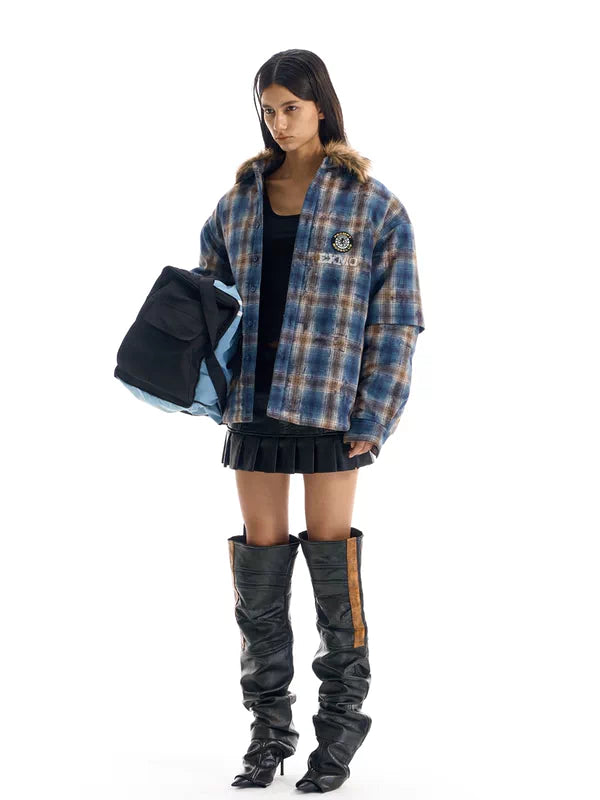 Faux Fur Collar Plaid Padded Jacket 2