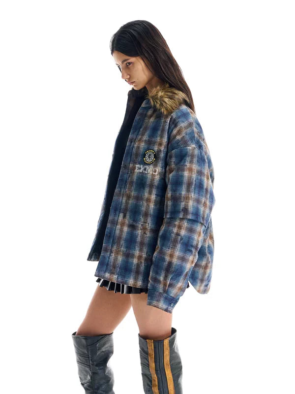 Faux Fur Collar Plaid Padded Jacket 4