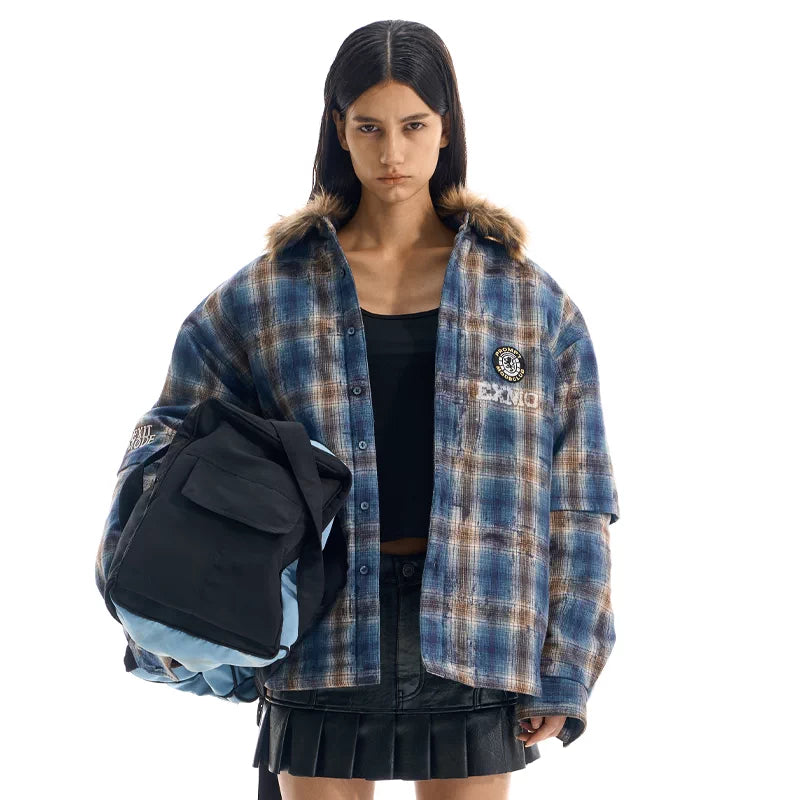 5932886197371,5932886197372,5932886197373,5932886197374, Faux Fur Collar Plaid Padded Jacket