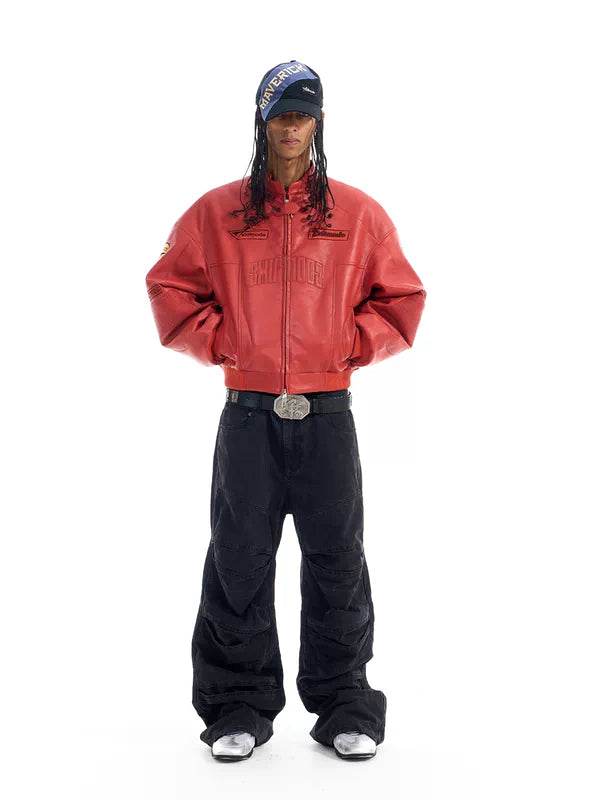 Oversized Embroidered Racing Leather Jacket 1