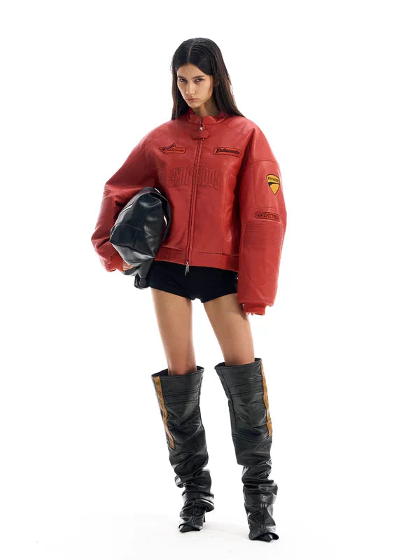 Oversized Embroidered Racing Leather Jacket 2