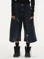 Washed Ink Splatter Flocked Denim Capri Pants 2