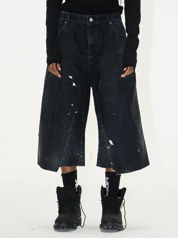 Washed Ink Splatter Flocked Denim Capri Pants 2