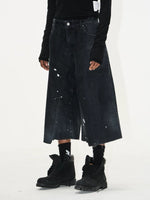 Washed Ink Splatter Flocked Denim Capri Pants 3