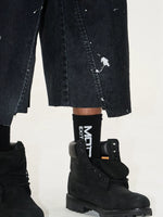 Washed Ink Splatter Flocked Denim Capri Pants 4