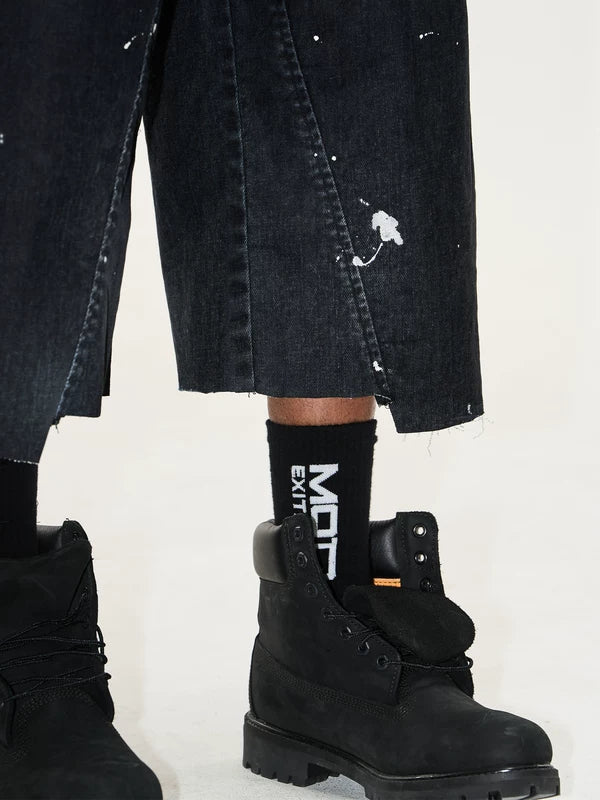 Washed Ink Splatter Flocked Denim Capri Pants 4