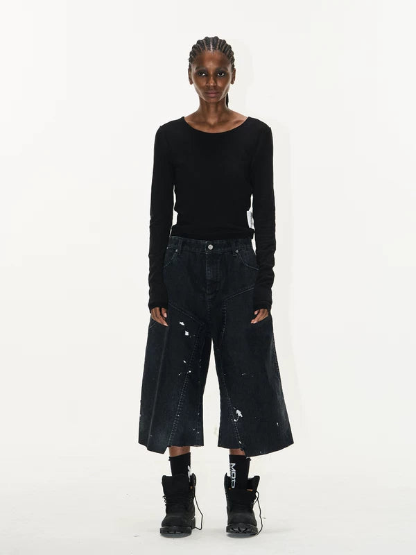Washed Ink Splatter Flocked Denim Capri Pants 5