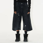 5737673628808,5737673628809,5737673628810,5737673628811, Washed Ink Splatter Flocked Denim Capri Pants