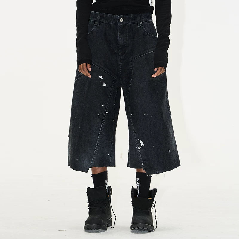 5737673628808,5737673628809,5737673628810,5737673628811, Washed Ink Splatter Flocked Denim Capri Pants