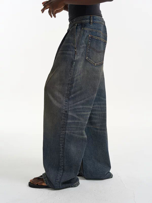 Wide-Leg Retro Washed Denim Pants 1