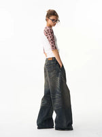 Wide-Leg Retro Washed Denim Pants 3
