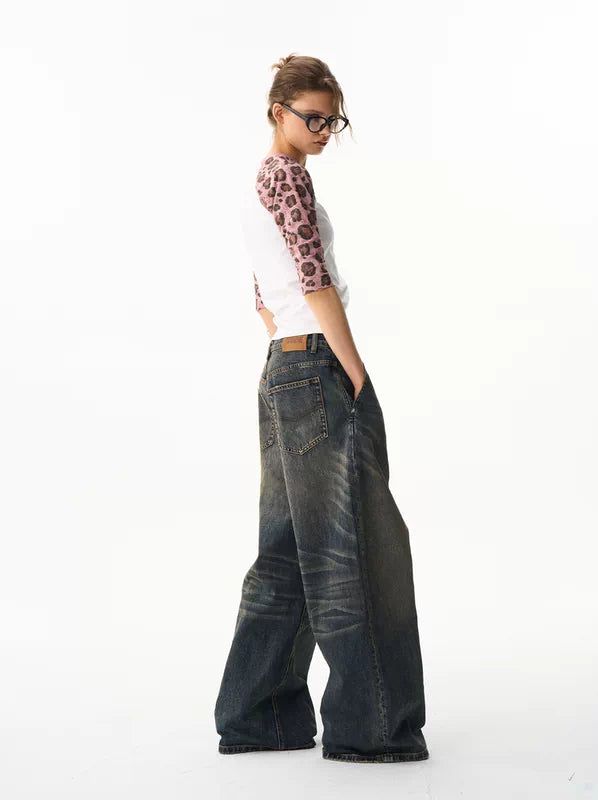 Wide-Leg Retro Washed Denim Pants 3