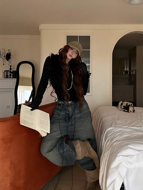 Wide-Leg Retro Washed Denim Pants 4