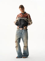 Retro Patchwork Distressed Leather Motorcycle Jacket 3