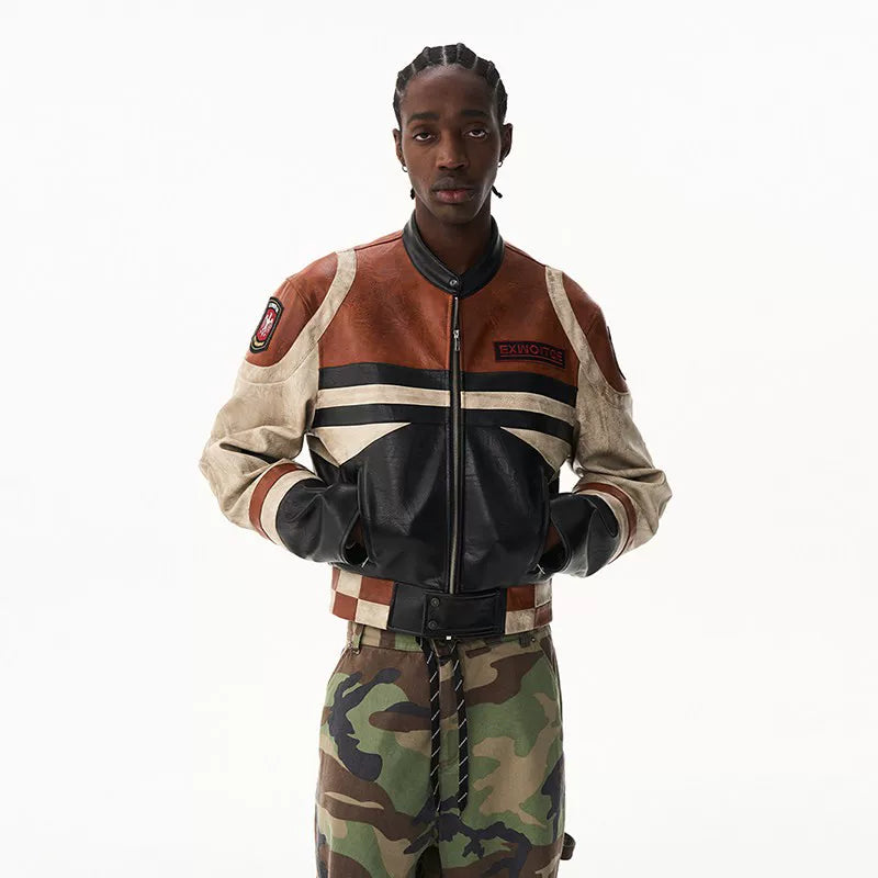 6039478476750,6039478476751,6039478476752,6039478476753, Retro Patchwork Distressed Leather Motorcycle Jacket