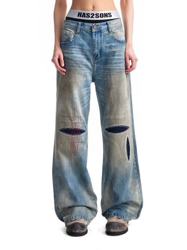 Distressed Slub Denim Straight Leg Jeans 1