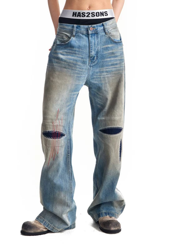 Distressed Slub Denim Straight Leg Jeans 2