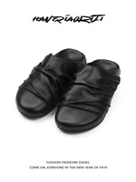 Pleated Leather Closed-Toe Mule Slippers 1